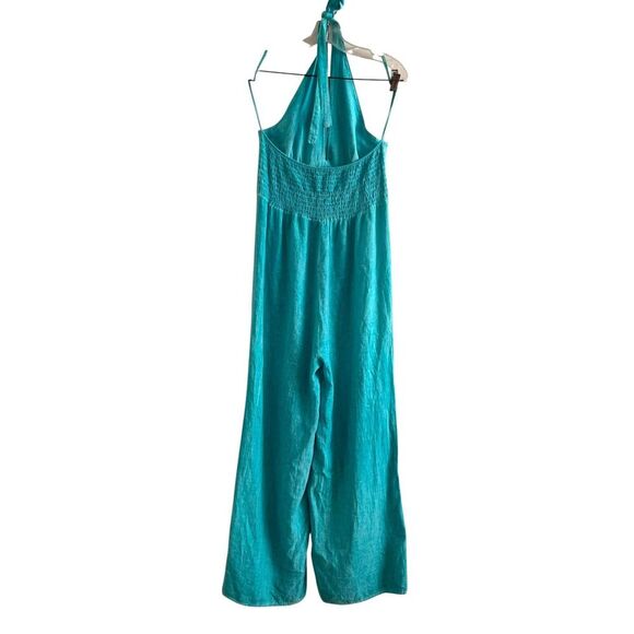 Made in Italy Linen Halter Jumpsuit Size M Wide Leg Open Back Teal Beachy Summer - Picture 2 of 13